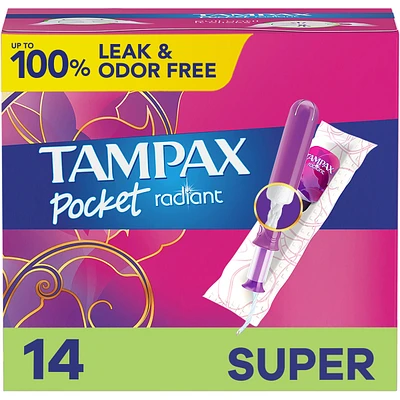 Pocket Radiant Compact Plastic Tampons, With LeakGuard Braid, Super Absorbency, Unscented