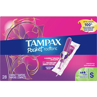 Pocket Radiant Compact Plastic Tampons, With LeakGuard Braid, Super Absorbency, Unscented