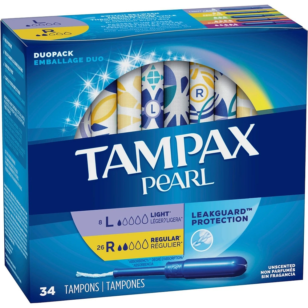Tampax Pearl Tampons, Light/Regular Absorbency with LeakGuard Braid, Duo Pack, Unscented, 34 Count