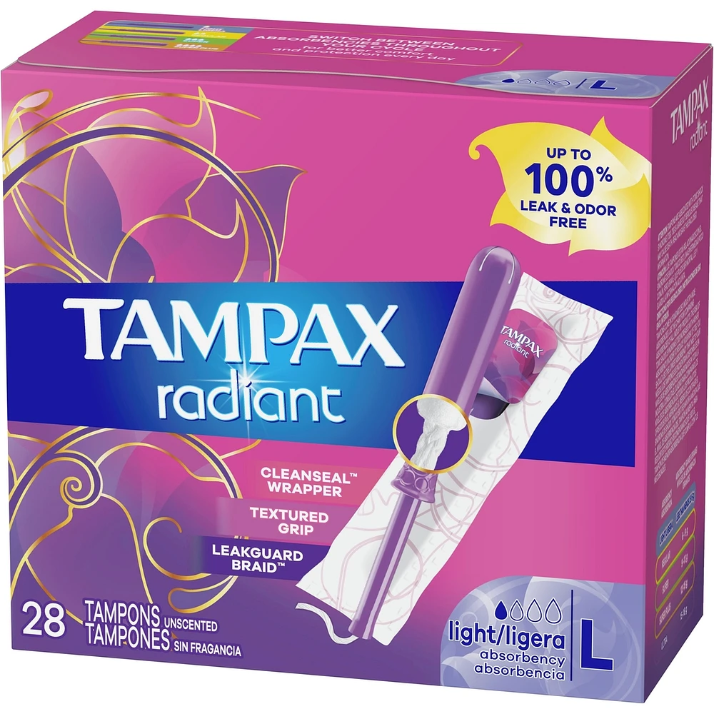Tampax Radiant Tampons Light Absorbency with BPA-Free Plastic Applicator and LeakGuard Braid, Unscented