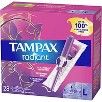 Tampax Radiant Tampons Light Absorbency with BPA-Free Plastic Applicator and LeakGuard Braid, Unscented