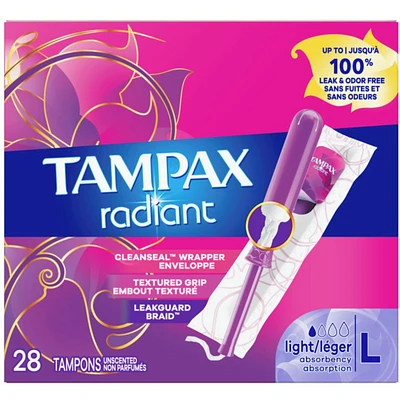 Tampax Radiant Tampons Light Absorbency with BPA-Free Plastic Applicator and LeakGuard Braid, Unscented
