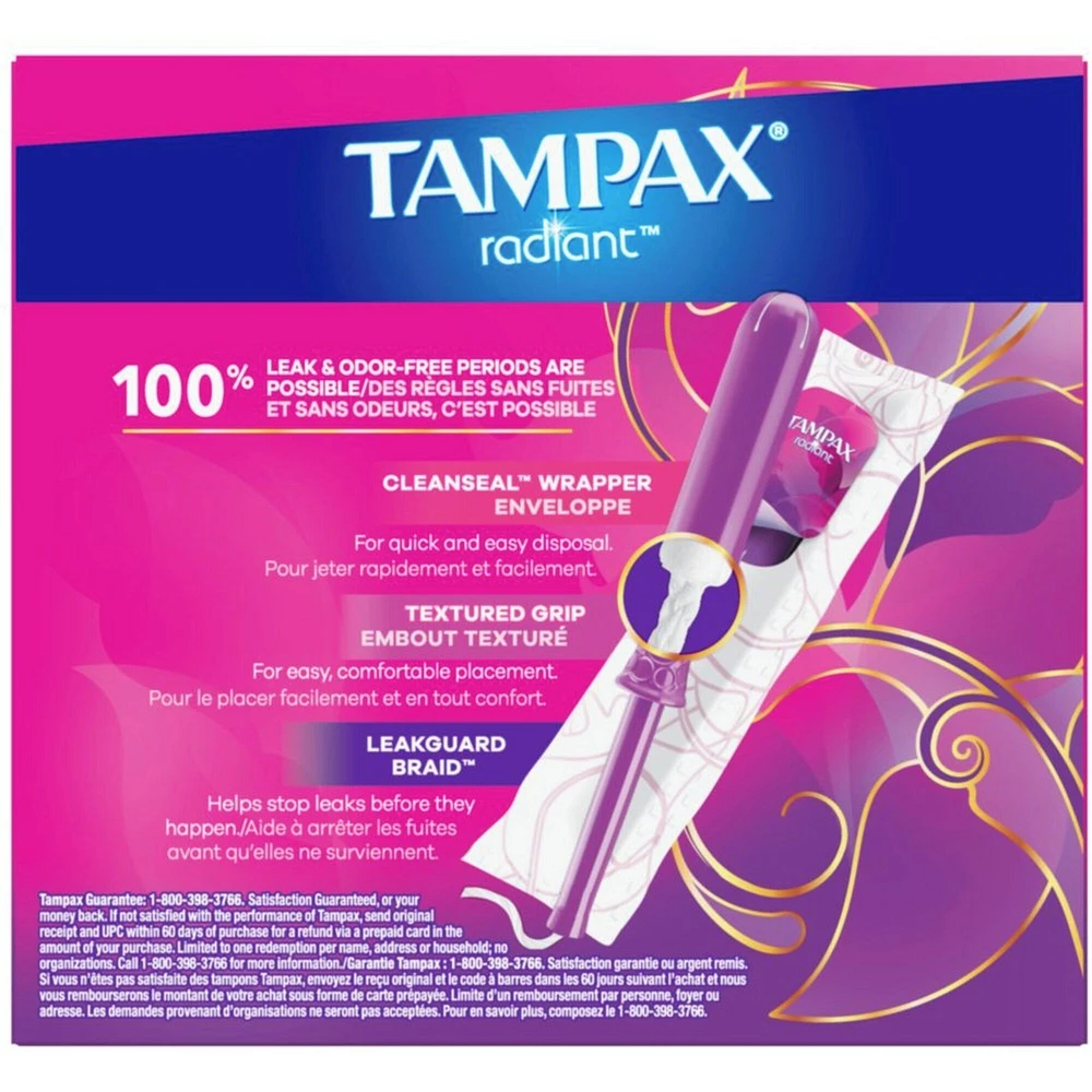 Tampax Radiant Tampons Light Absorbency with BPA-Free Plastic Applicator and LeakGuard Braid, Unscented