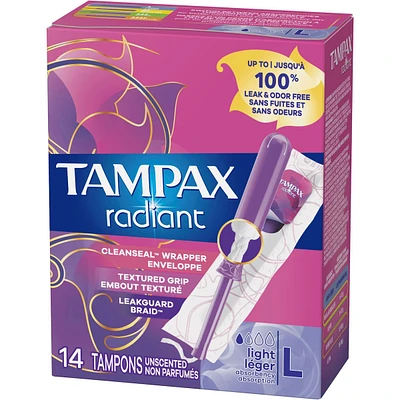 Tampax Radiant Tampons Light Absorbency with BPA-Free Plastic Applicator and LeakGuard Braid, Unscented, 14 Count