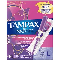 Tampax Radiant Tampons Light Absorbency with BPA-Free Plastic Applicator and LeakGuard Braid, Unscented, 14 Count