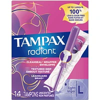 Tampax Radiant Tampons Light Absorbency with BPA-Free Plastic Applicator and LeakGuard Braid, Unscented, 14 Count