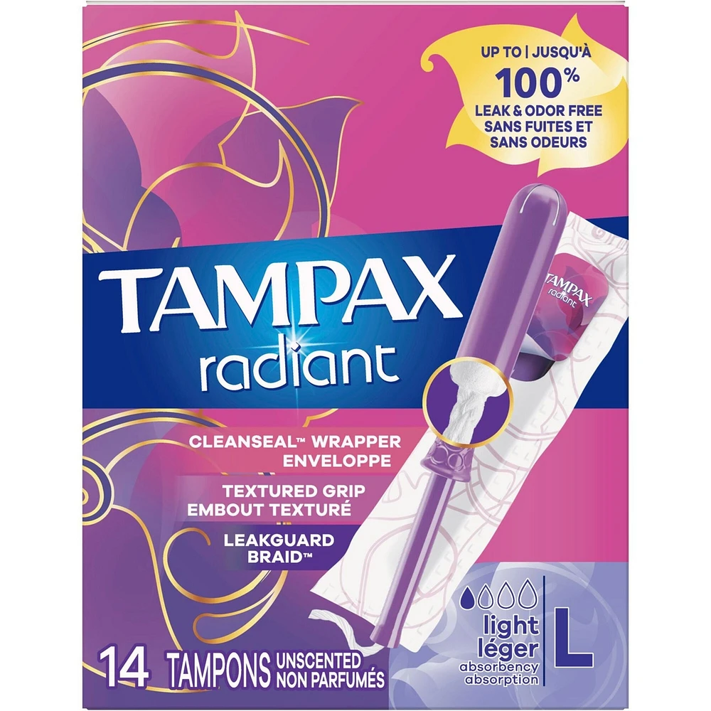 Tampax Radiant Tampons Light Absorbency with BPA-Free Plastic Applicator and LeakGuard Braid, Unscented, 14 Count