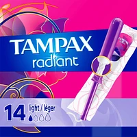Tampax Radiant Tampons Light Absorbency with BPA-Free Plastic Applicator and LeakGuard Braid, Unscented, 14 Count