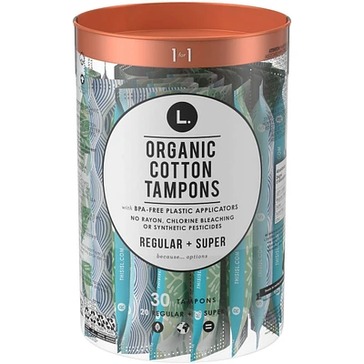 L. Organic Cotton Compact Tampons Regular/Super Absorbency Duo Pack, Free of Chlorine Bleaching, Pesticides, Fragrances, or Dyes, BPA-free Plastic Applicator, 30 Count
