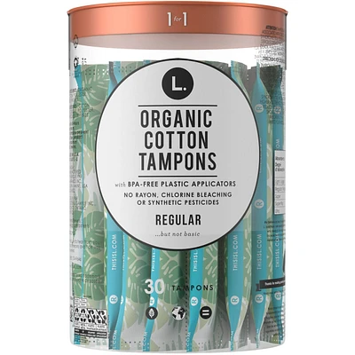 L. Organic Cotton Tampons Regular Absorbency, Free of Chlorine Bleaching, Pesticides, Fragrances, or Dyes, BPA-free Plastic Applicator, 30 Count