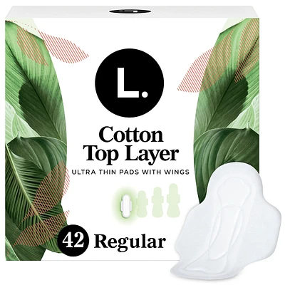 Ultra Thin Pads for Women, Regular Absorbency, Breathable Cotton Top Layer, Unscented Pads with Wings