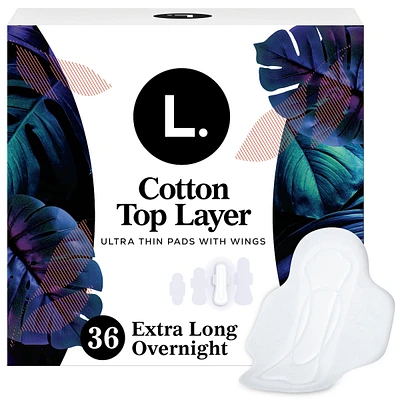 Ultra Thin Pads for Women, Overnight Absorbency, Breathable Cotton Top Layer, Unscented Pads with Wings