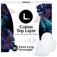 Ultra Thin Pads for Women, Overnight Absorbency, Breathable Cotton Top Layer, Unscented Pads with Wings