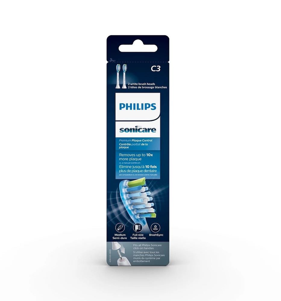 Têtes de brosse de rechange pour contrôle de la plaque Philips Sonicare Premium avec puce RFID, blanc, emballage de 2, HX9042/65
