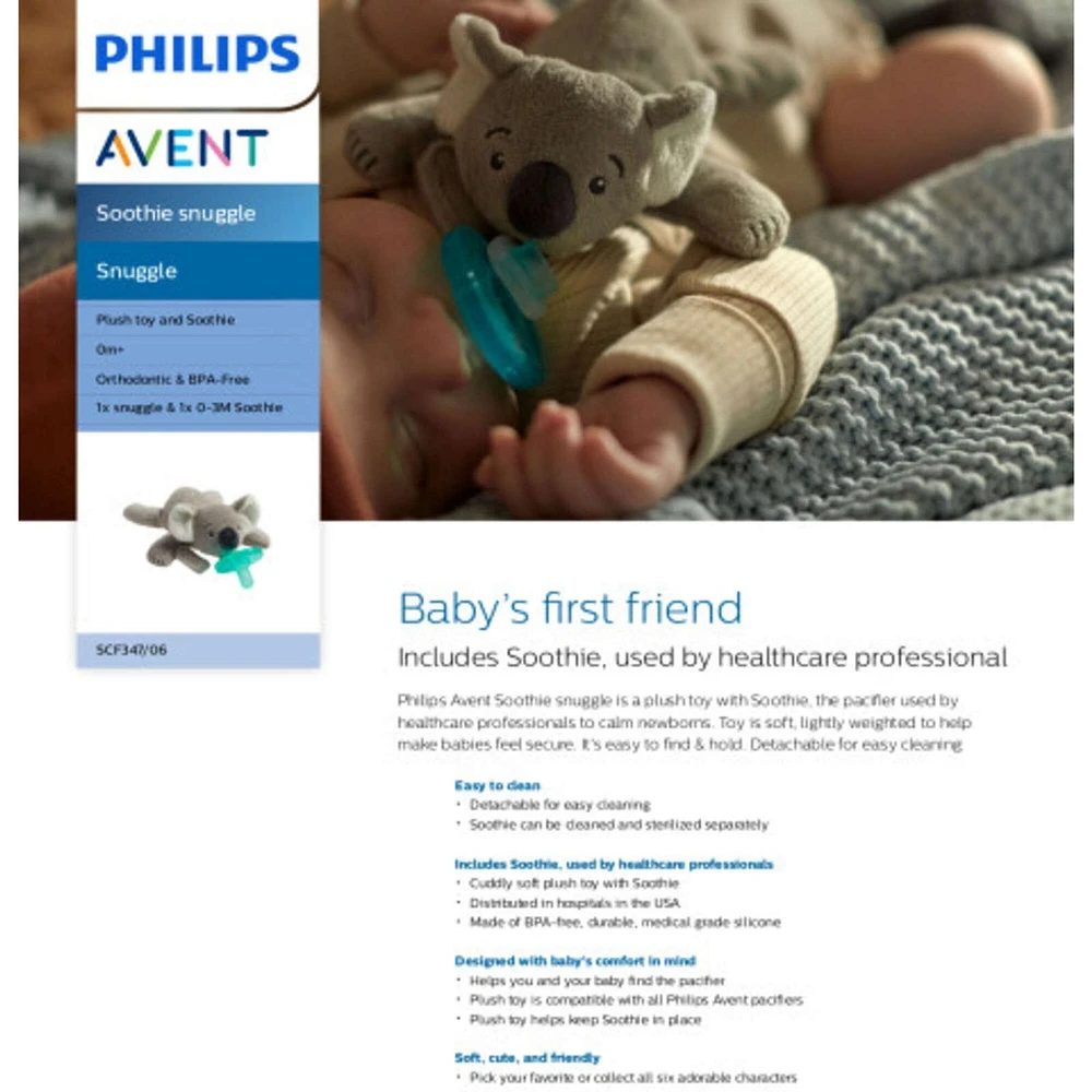 Avent Soothie Snuggle Pacifier with Detachable Pacifier, Koala, 0m+, SCF347/06