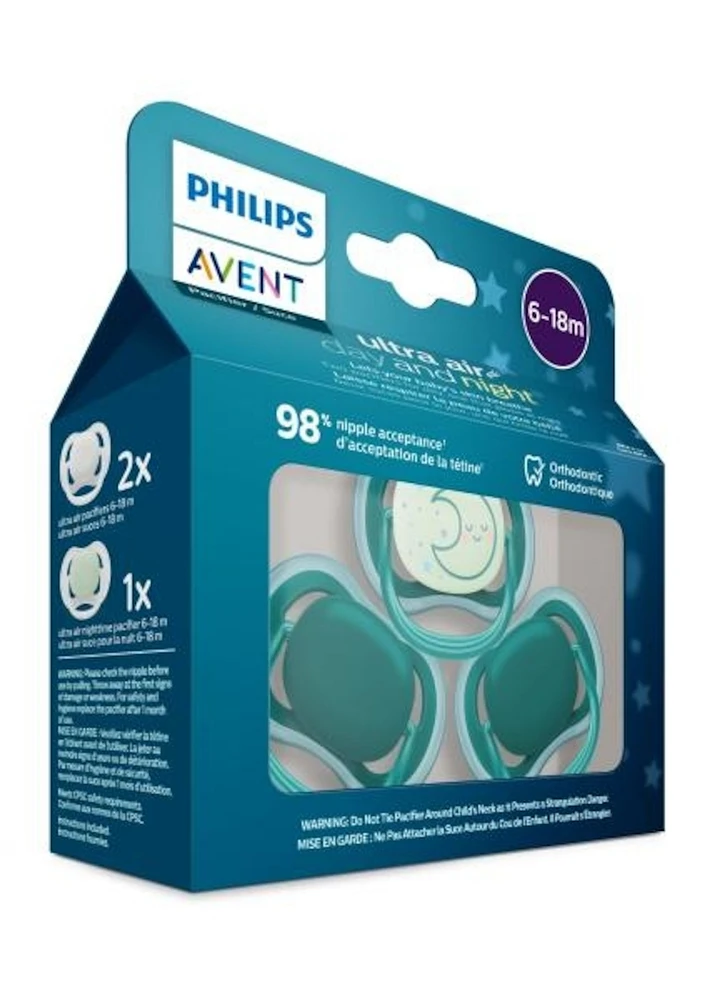 Philips Avent Ultra Air day time/night time Pacifier 6-18m, deep opal / sleeping moon, 3 pack, SCF085/68