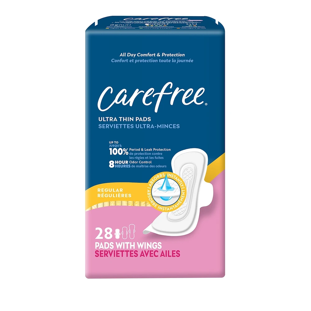 CAREFREE® Ultra Thin Pads, Regular Pads With Wings, 28ct