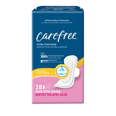 CAREFREE® Ultra Thin Pads, Regular Pads With Wings, 28ct