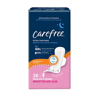 CAREFREE® Ultra Thin Pads, Overnight With Wings, 28ct