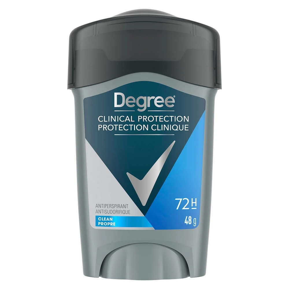 Bâton Antisudorifique pour contrôler la transpiration Degree Men Clinical+ Propre protection antibactérienne contre les odeurs 48 g