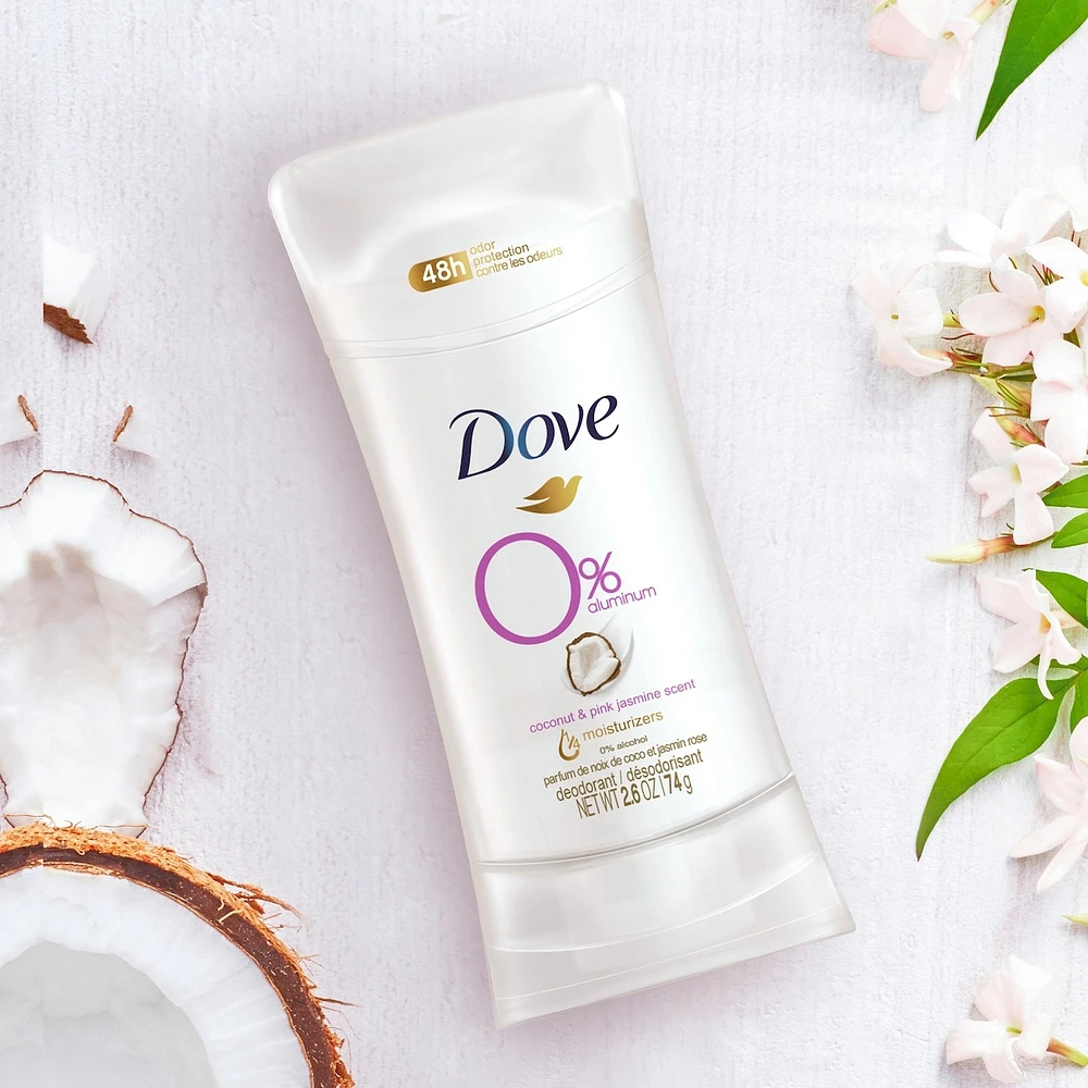 Dove 0% Aluminum Deodorant for smooth underarms Coconut and Pink Jasmine antibacterial odour protection 74 g