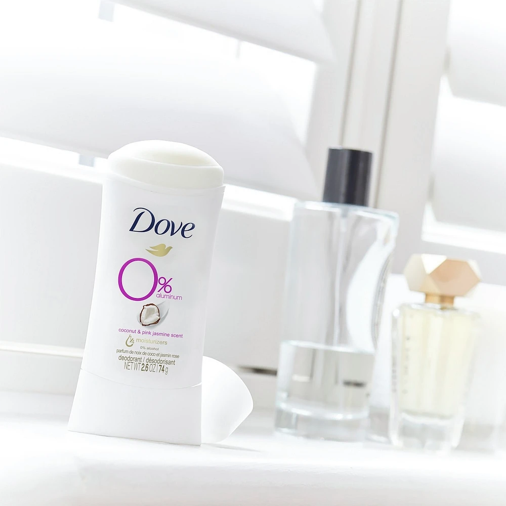 Dove 0% Aluminum Deodorant for smooth underarms Coconut and Pink Jasmine antibacterial odour protection 74 g