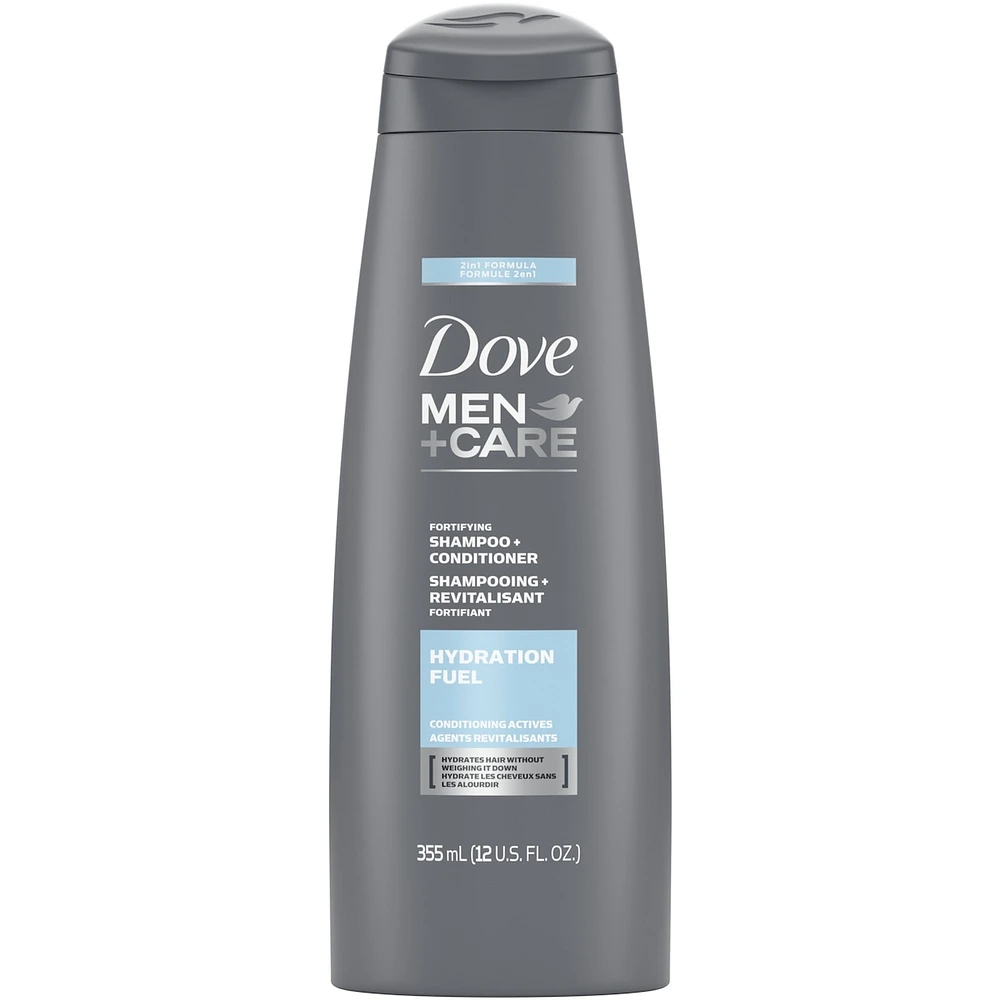 Dove Men+Care 2 in 1 Shampoo and Conditioner with conditioning actives Hydration Fuel fortifies with every wash 355 ml