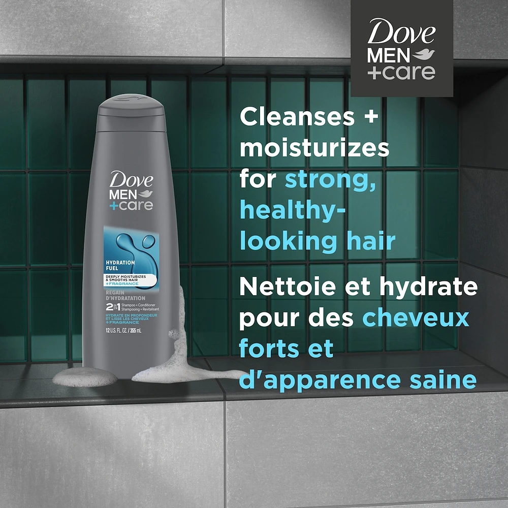 Dove Men+Care 2 in 1 Shampoo and Conditioner with conditioning actives Hydration Fuel fortifies with every wash 355 ml