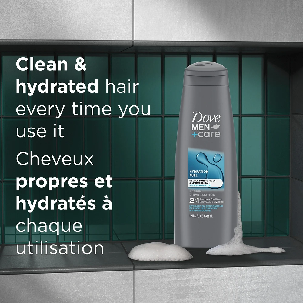Dove Men+Care 2 in 1 Shampoo and Conditioner with conditioning actives Hydration Fuel fortifies with every wash 355 ml