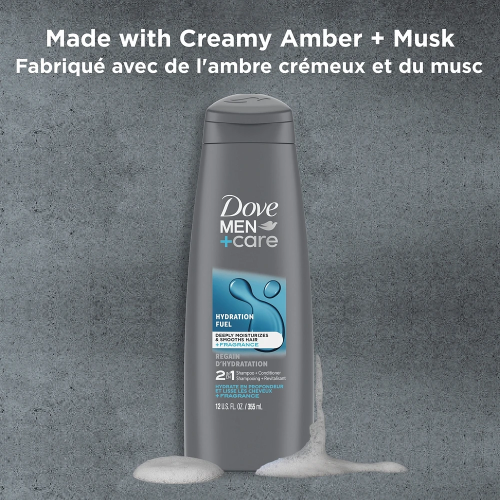 Dove Men+Care 2 in 1 Shampoo and Conditioner with conditioning actives Hydration Fuel fortifies with every wash 355 ml