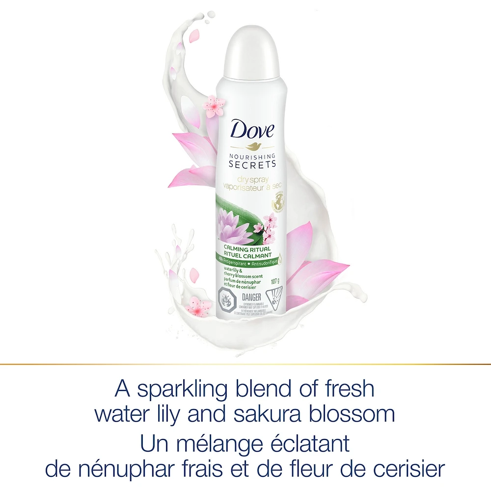 Antisudorifique en vaporisateur à sec pour femmes Dove Nourishing Secrets Nénuphar et Fleur de Cerisier 48 h de protection contre les odeurs et la transpiration 107 g