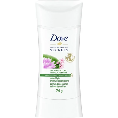 Dove Nourishing Secrets Antiperspirant Stick for women for 48 Hour underarm sweat protection and soft and comfortable underarms Waterlily & Cherry Blossom Cruelty-free 74 g