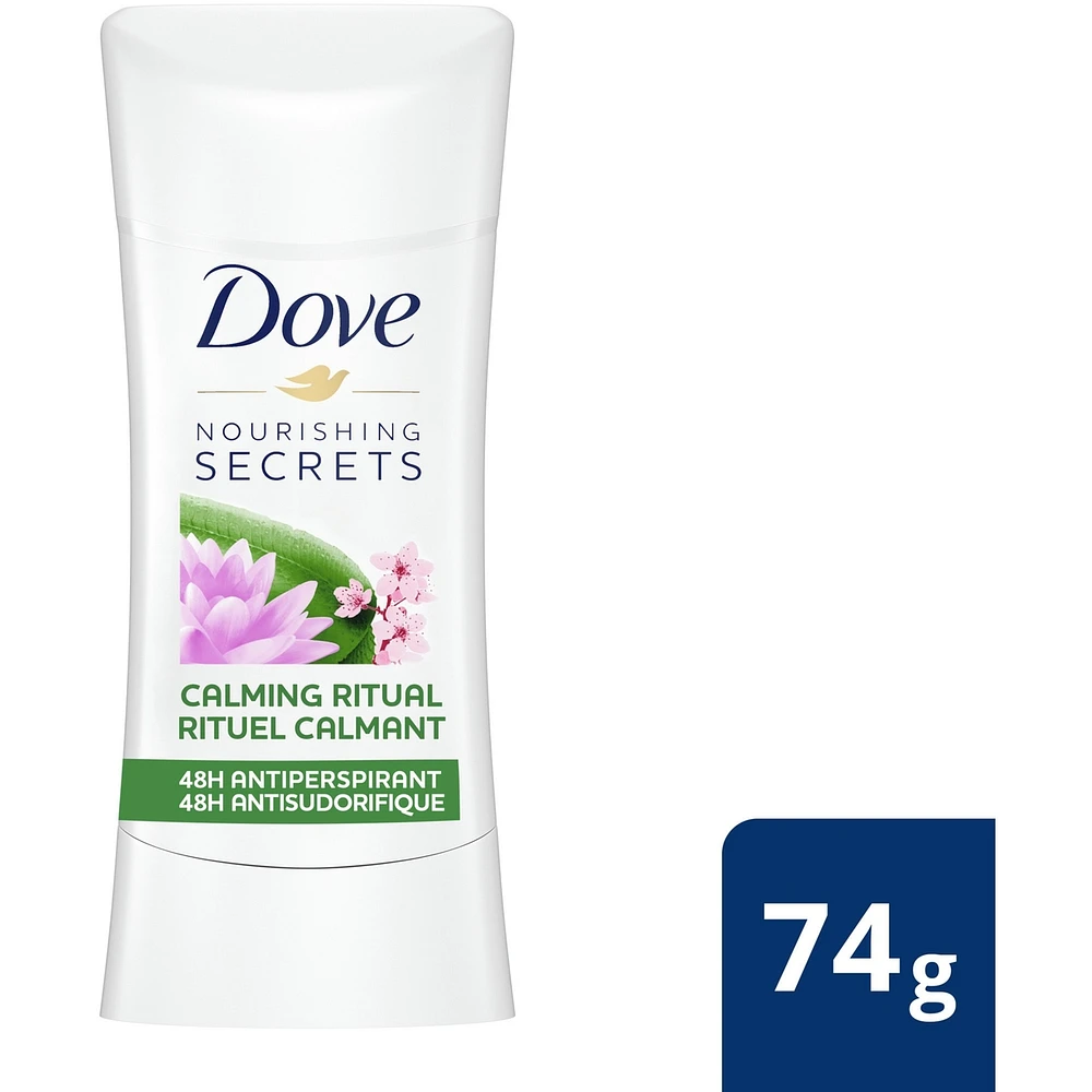 Antisudorifique en bâton pour femmes pour 48 h de protection contre la transpiration et des aisselles douces et confortables Dove Nourishing Secrets Nénuphar et Fleur de Cerisier sans crauté 74 g
