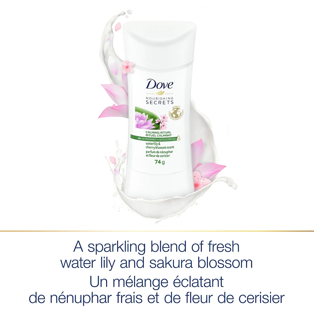 Antisudorifique en bâton pour femmes pour 48 h de protection contre la transpiration et des aisselles douces et confortables Dove Nourishing Secrets Nénuphar et Fleur de Cerisier sans crauté 74 g