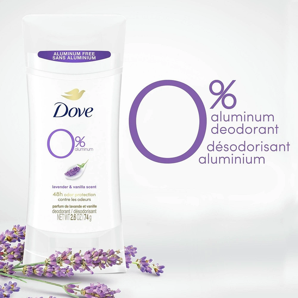 Désodorisant en Bâton pour 48 h de protection contre les odeurs Dove 0 % Aluminium Parfum de Lavande et Vanille désodorisant sans aluminium pour des aisselles lisses