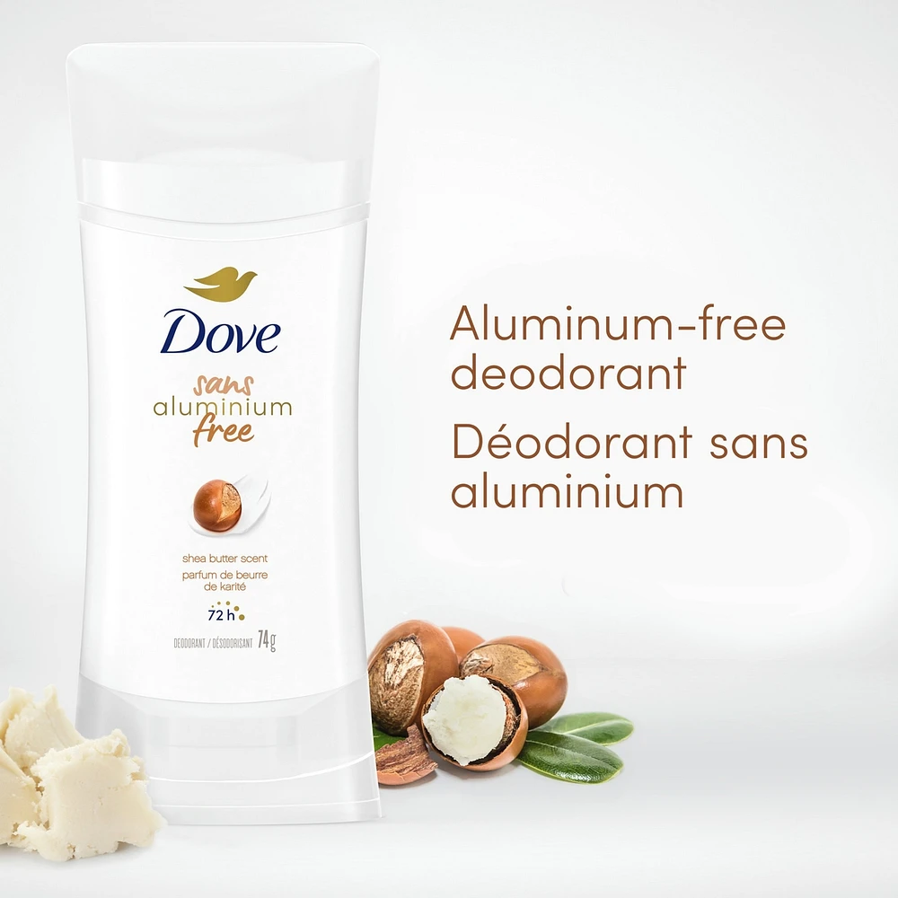 Désodorisant en Bâton pour 48 h de protection contre les odeurs Dove 0 % Aluminium Beurre de karité désodorisant sans aluminium pour des aisselles lisses 74 g