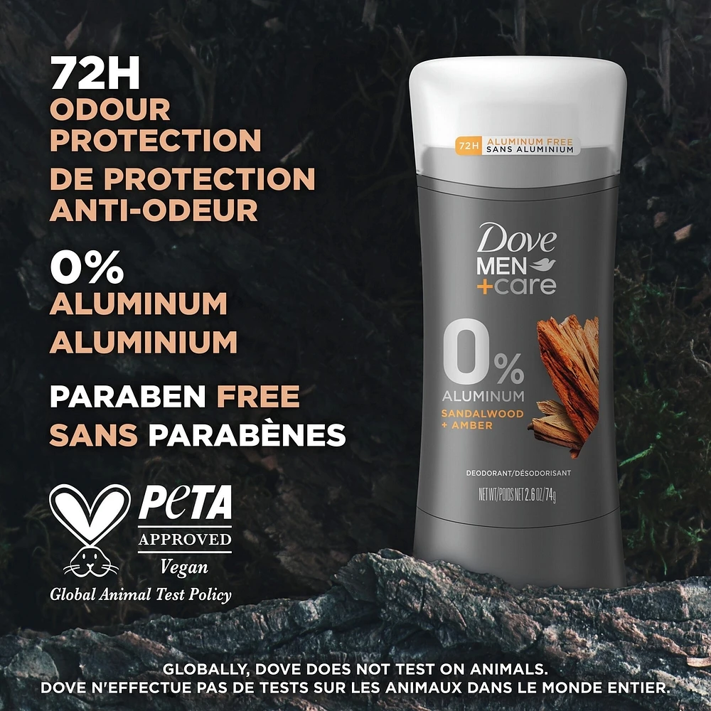 Men+Care 0% Aluminum Déodorant 72h Men's Aluminum-Free Deodorant Sandalwood & Amber Scent with Plant-Based Moisturizer