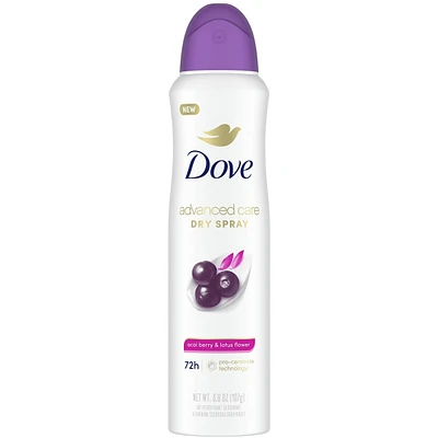 Advanced Care Dry Spray Antiperspirant Deodorant for Women Açaí Berry & Lotus Flower Scent Spray Deodorant with Pro-Ceramide Technology for Soft, Resilient Skin