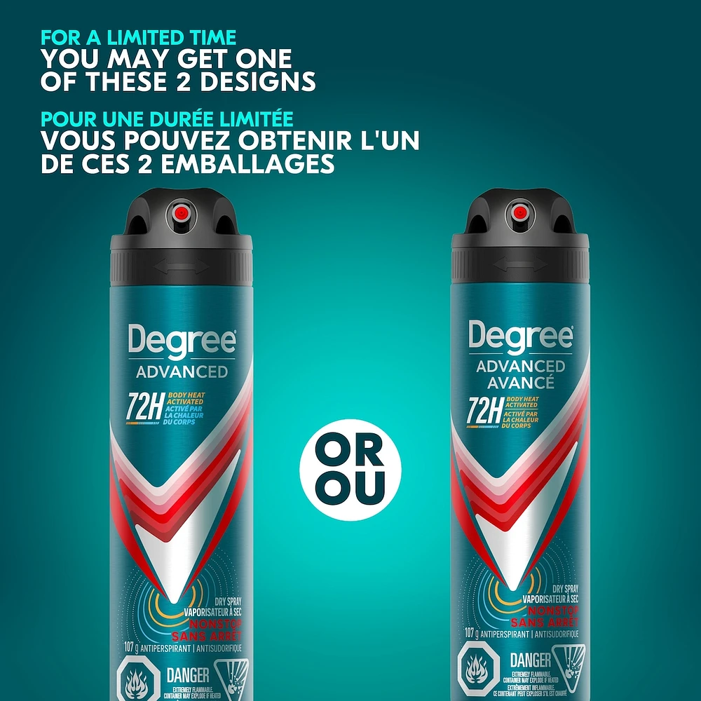 Antisudorifique en Vaporisateur à Sec pour 72 h de protection contre les odeurs et la transpiration Degree Men Advanced Sans Arrêt avec technologie MotionSense®