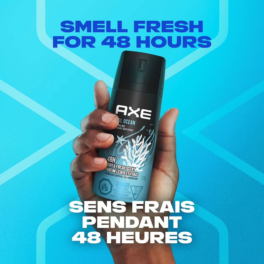 AXE  Deodorant Body Spray Long lasting odour protection with 48 hour light & refreshing scent Cool Ocean men’s deodorant formulated without aluminum 113 g