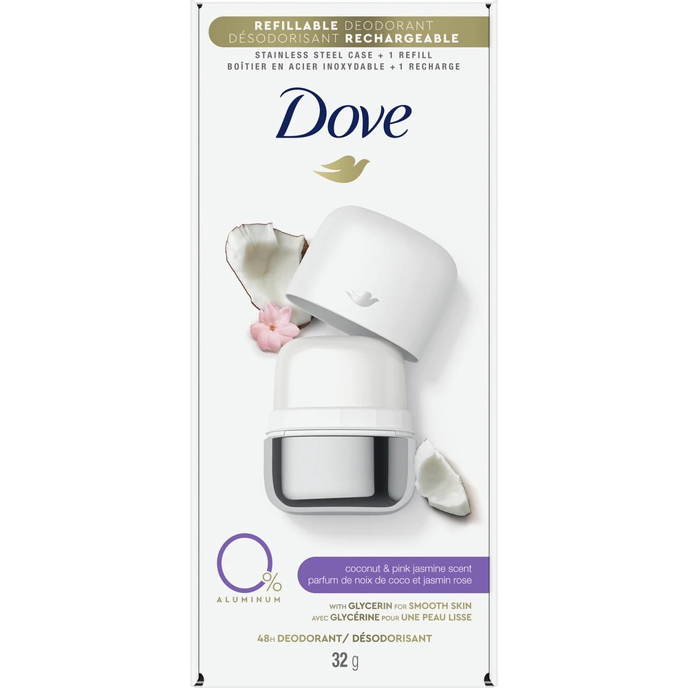 Ensemble de départ de Désodorisant rechargeable pour 48 h de protection anti-odeurs Dove 0 % Aluminium Coconut & Pink Jasmine désodorisant sans aluminium pour femmes 32 g