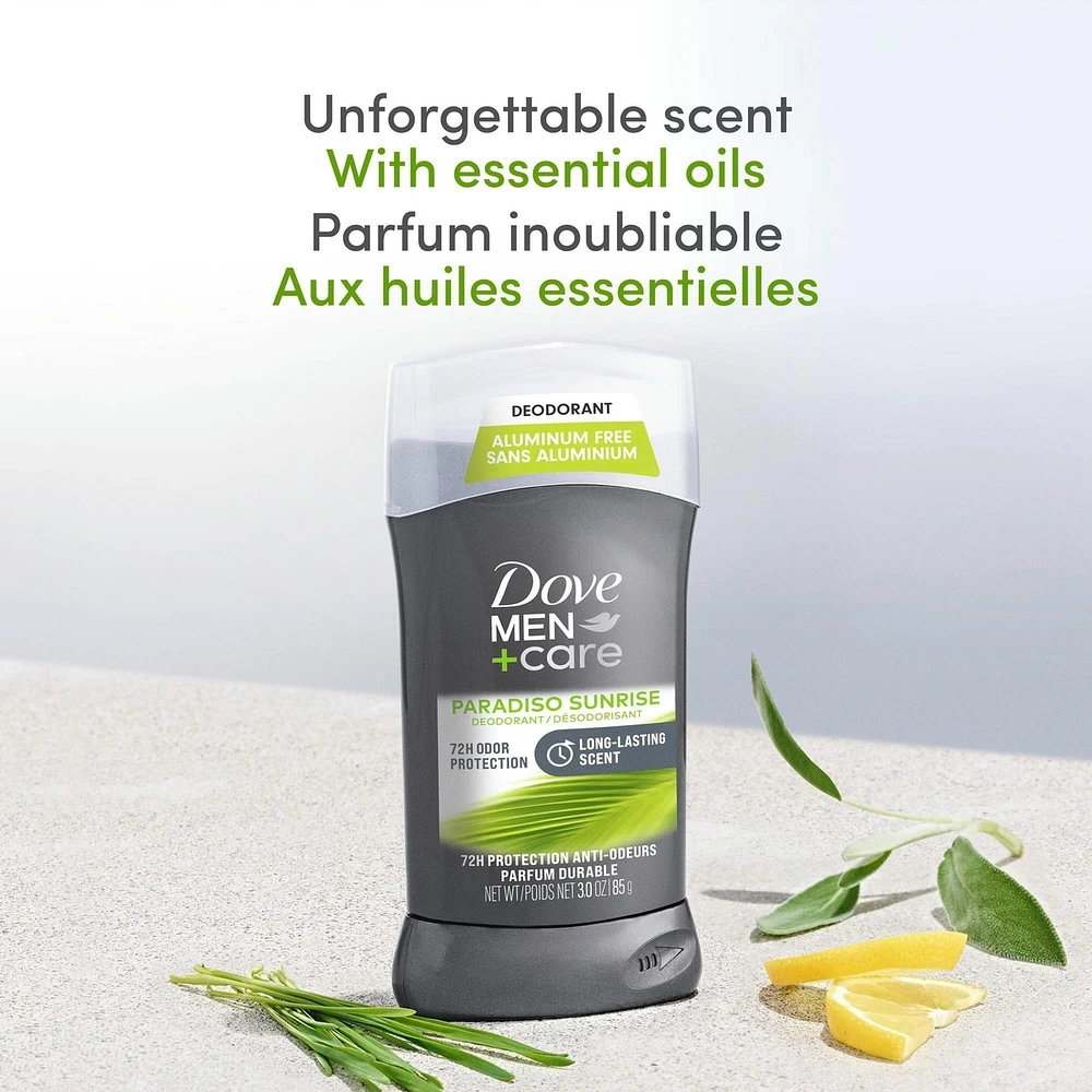 Désodorisant en Bâton formule sans aluminium pour 72 h de protection anti-odeurs Dove Men+Care  Paradiso Sunrise avec huiles essentielles et ¼ de crème hydratante