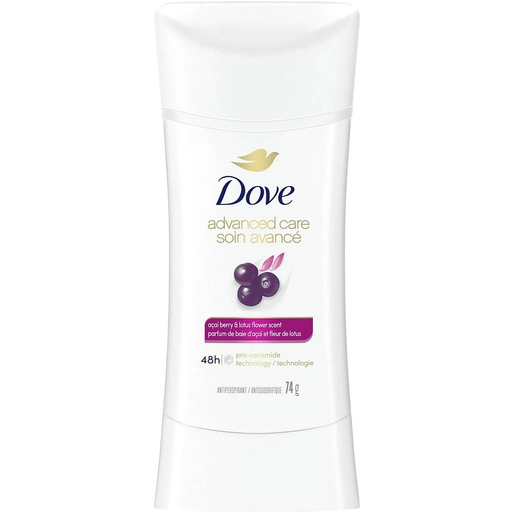 Antisudorifique en Bâton pour 48 h de protection contre la transpiration et les odeurs Dove Advanced Care Baie d'Açaï et Fleur de Lotus formule non irritante sans alcool éthanol