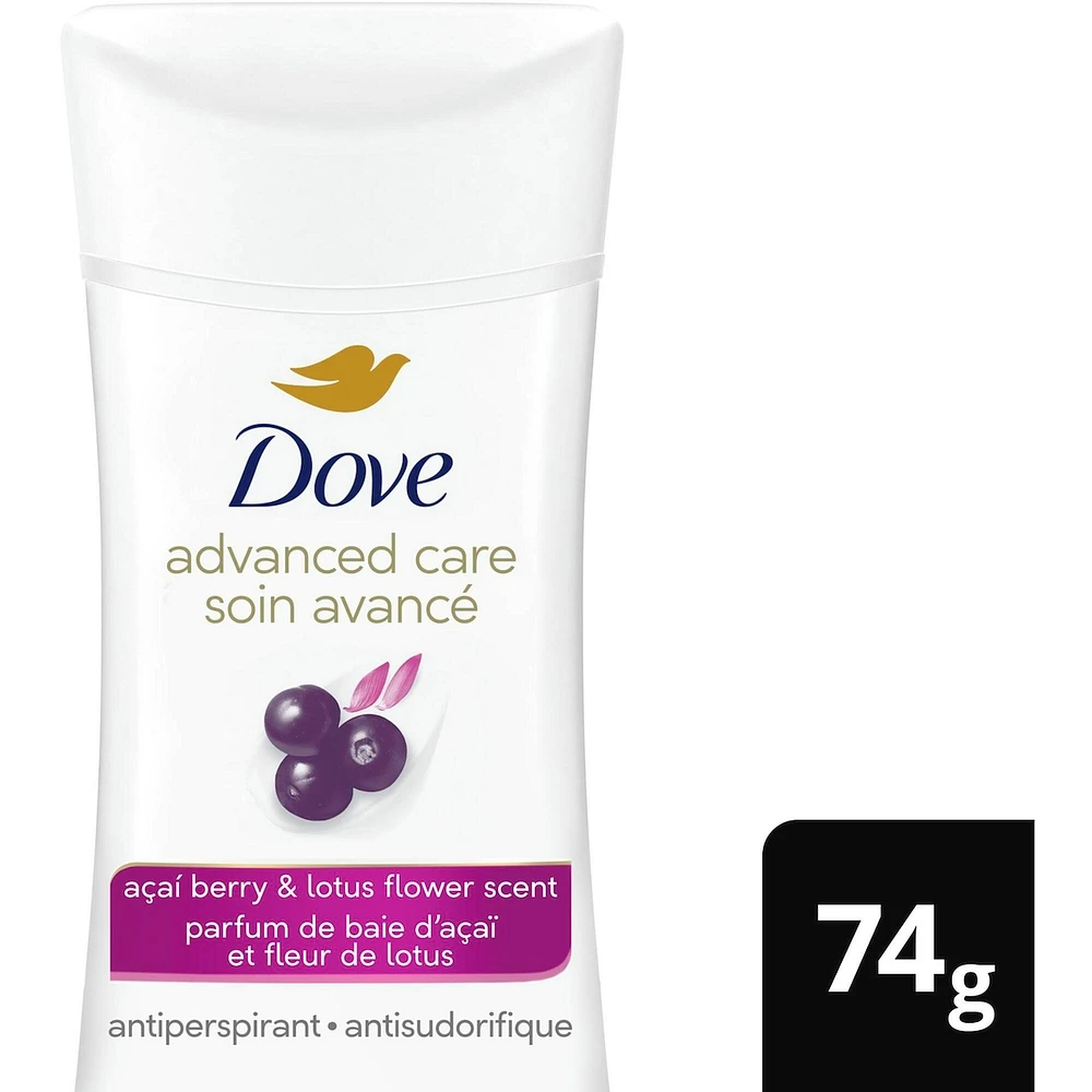 Antisudorifique en Bâton pour 48 h de protection contre la transpiration et les odeurs Dove Advanced Care Baie d'Açaï et Fleur de Lotus formule non irritante sans alcool éthanol