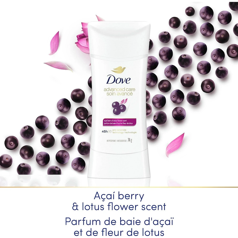 Antisudorifique en Bâton pour 48 h de protection contre la transpiration et les odeurs Dove Advanced Care Baie d'Açaï et Fleur de Lotus formule non irritante sans alcool éthanol