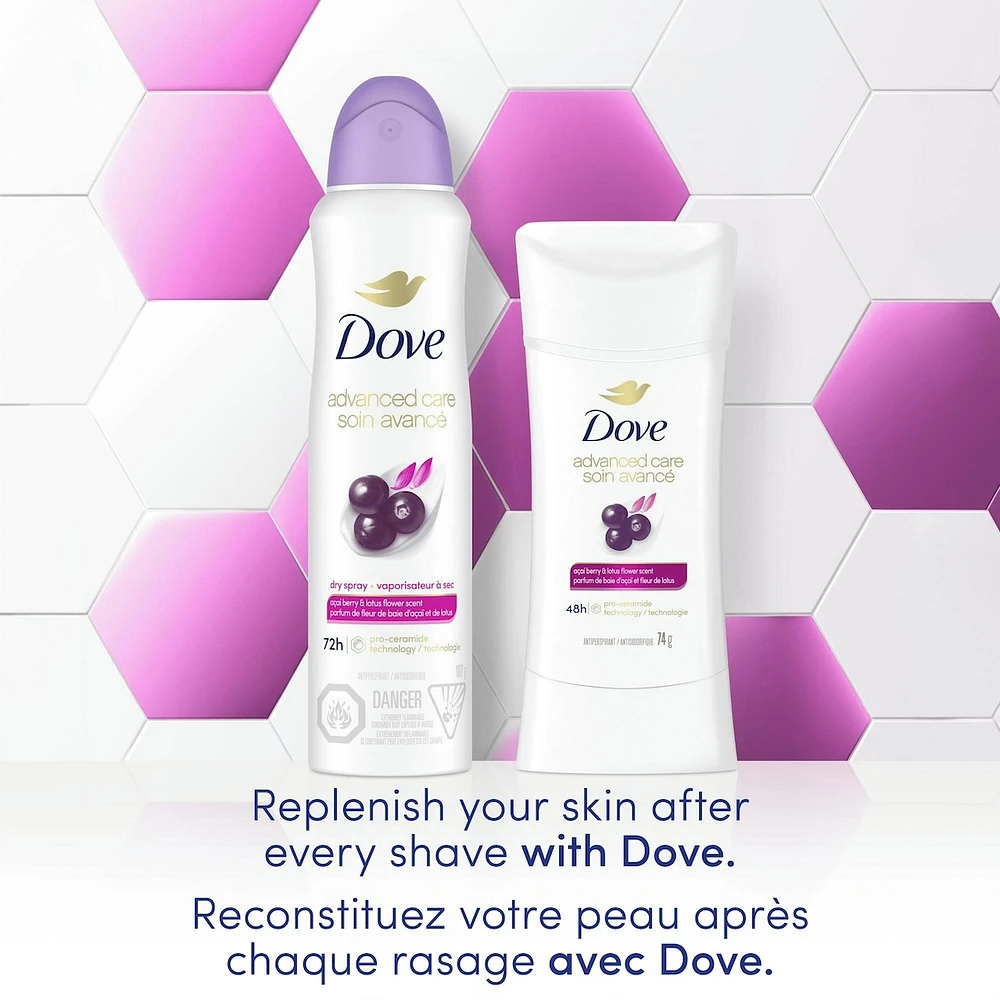 Antisudorifique en Bâton pour 48 h de protection contre la transpiration et les odeurs Dove Advanced Care Baie d'Açaï et Fleur de Lotus formule non irritante sans alcool éthanol