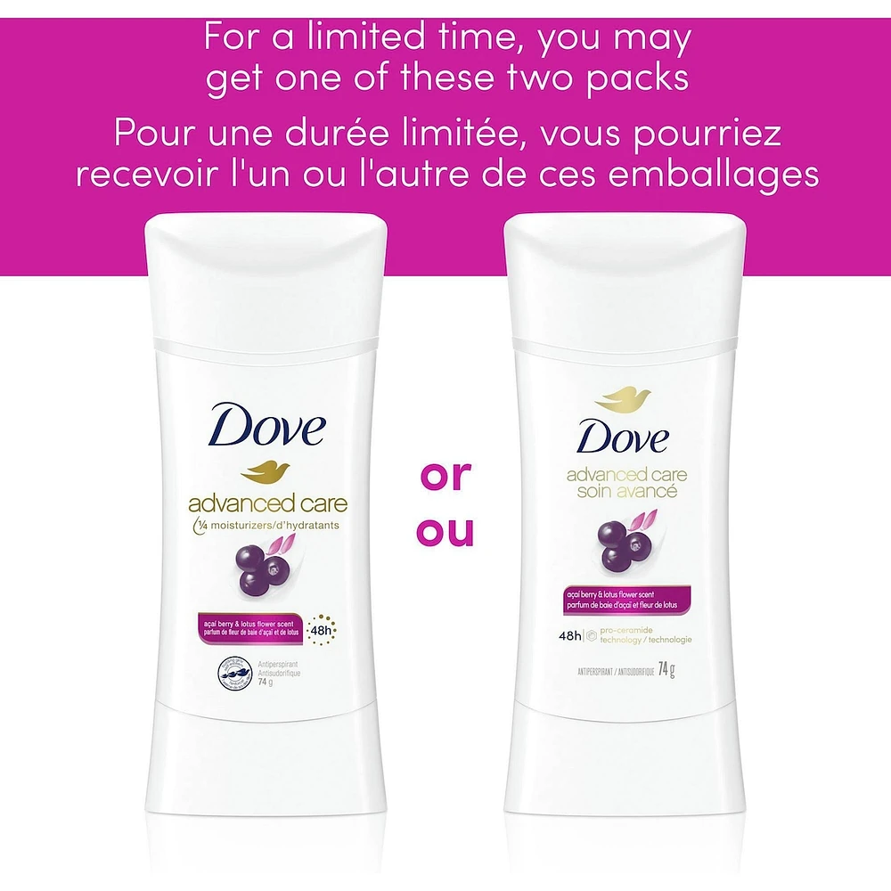 Antisudorifique en Bâton pour 48 h de protection contre la transpiration et les odeurs Dove Advanced Care Baie d'Açaï et Fleur de Lotus formule non irritante sans alcool éthanol