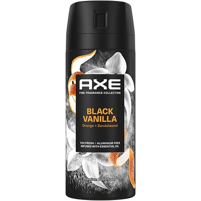 Fine Fragrance Collection Premium Body Spray for Men Black Vanilla deodorant with 72H odour protection and freshness infused with vanilla, orange and sandalwood essential oils