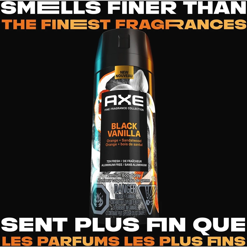 Fine Fragrance Collection Premium Body Spray for Men Black Vanilla deodorant with 72H odour protection and freshness infused with vanilla, orange and sandalwood essential oils