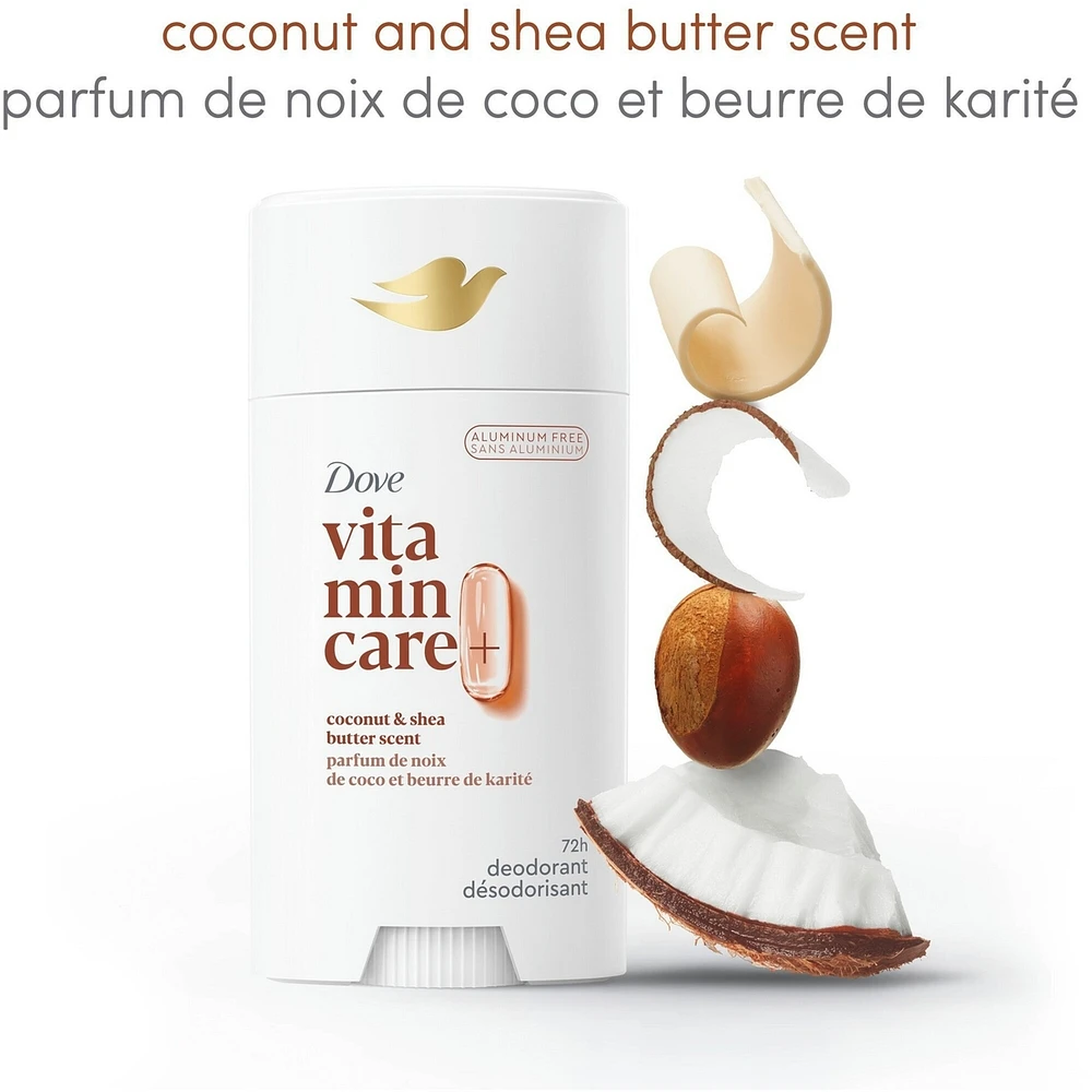 Vitamin Care+ Deodorant Stick Aluminum-Free Deodorant for Women Coconut & Shea Butter Scent 72H Breathable Odour Protection with Vitamin B3+E